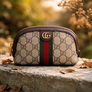 Gucci Ophidia GG Canvas Cosmetic Pouch in Beige/Brown with Green-Red Web